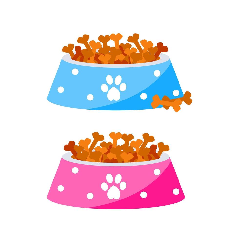 Two dog bowls full of bone shaped kibble isolated on white background vector