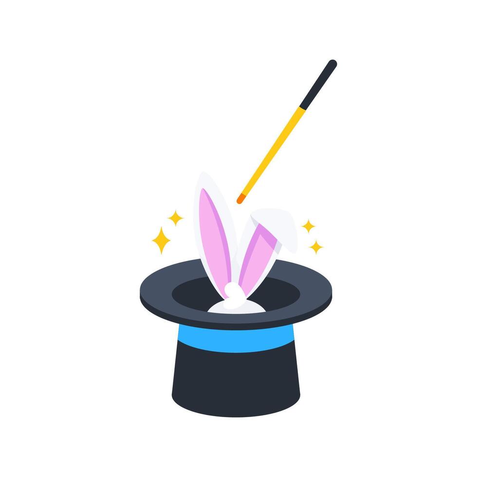 Magician making rabbit ears appear from magic hat with magic wand vector