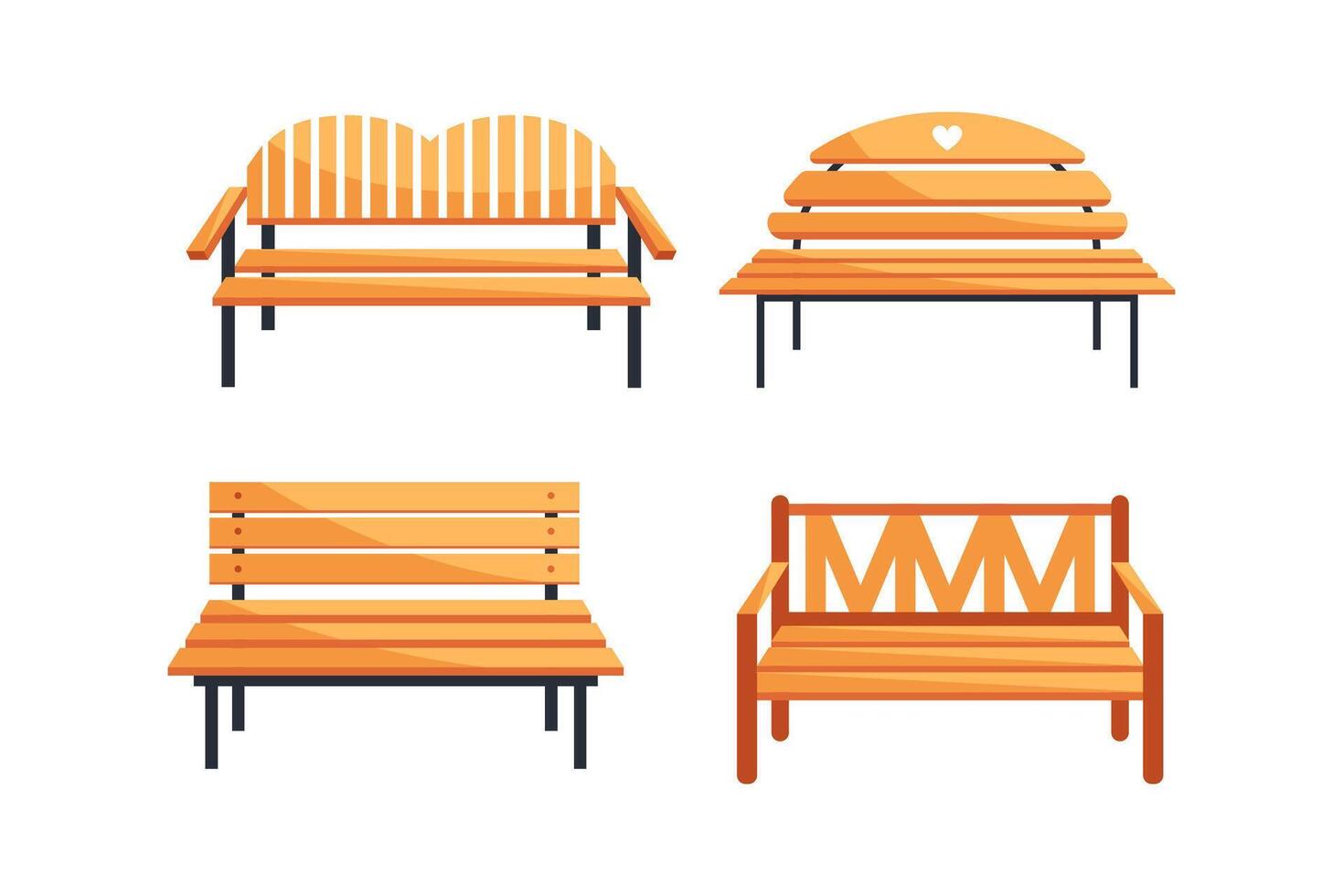 Four wooden benches showing different designs for seating in public parks vector
