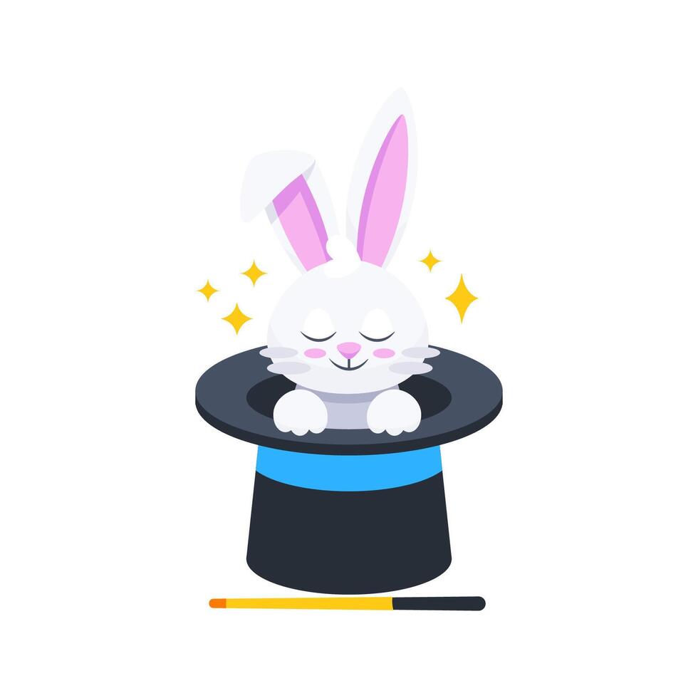 White rabbit appearing from magician top hat with magic wand and sparkles vector