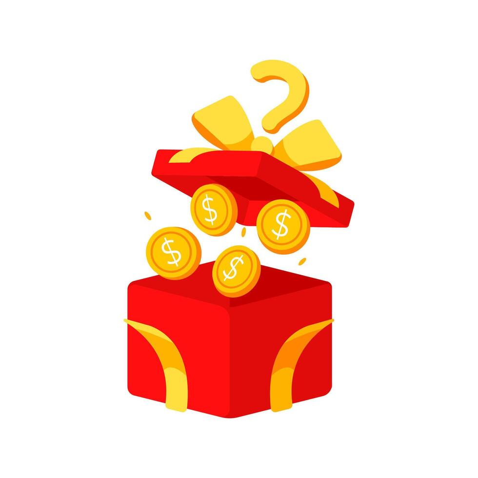 Red gift box with question mark revealing golden coins with dollar sign, mystery prize concept vector