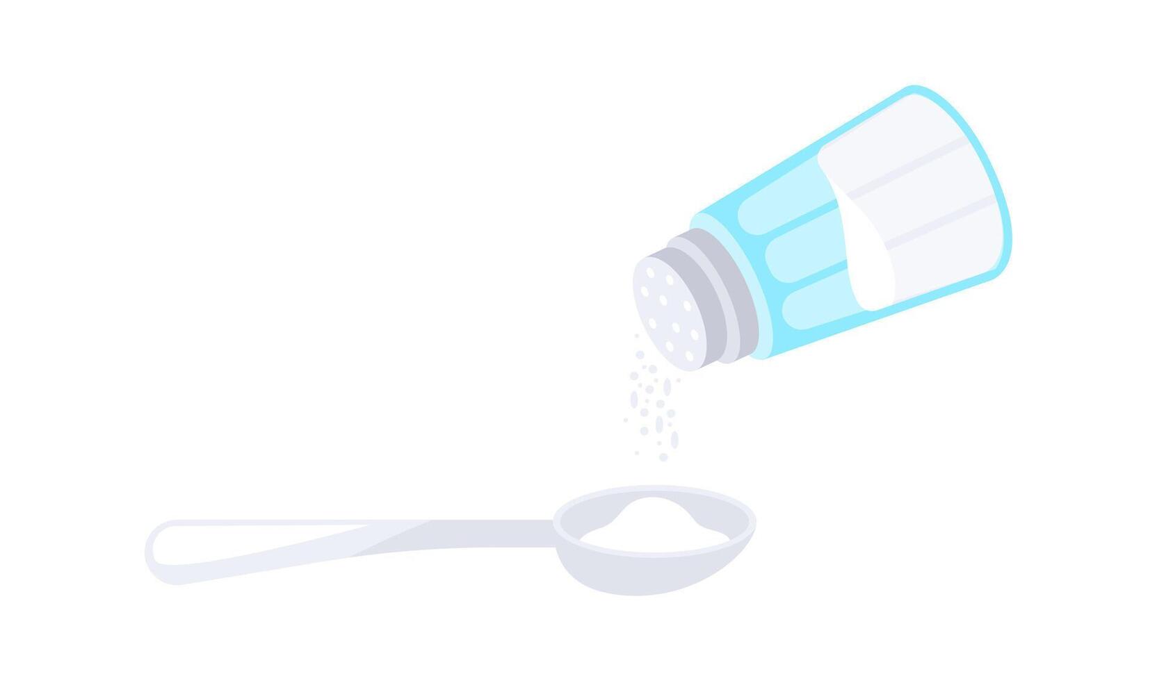 Salt shaker pouring salt into spoon, seasoning food, cooking ingredient vector