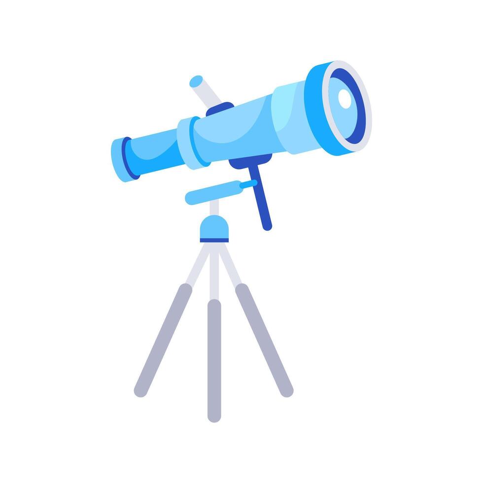 Blue telescope pointing up, standing on a tripod, exploring the universe vector