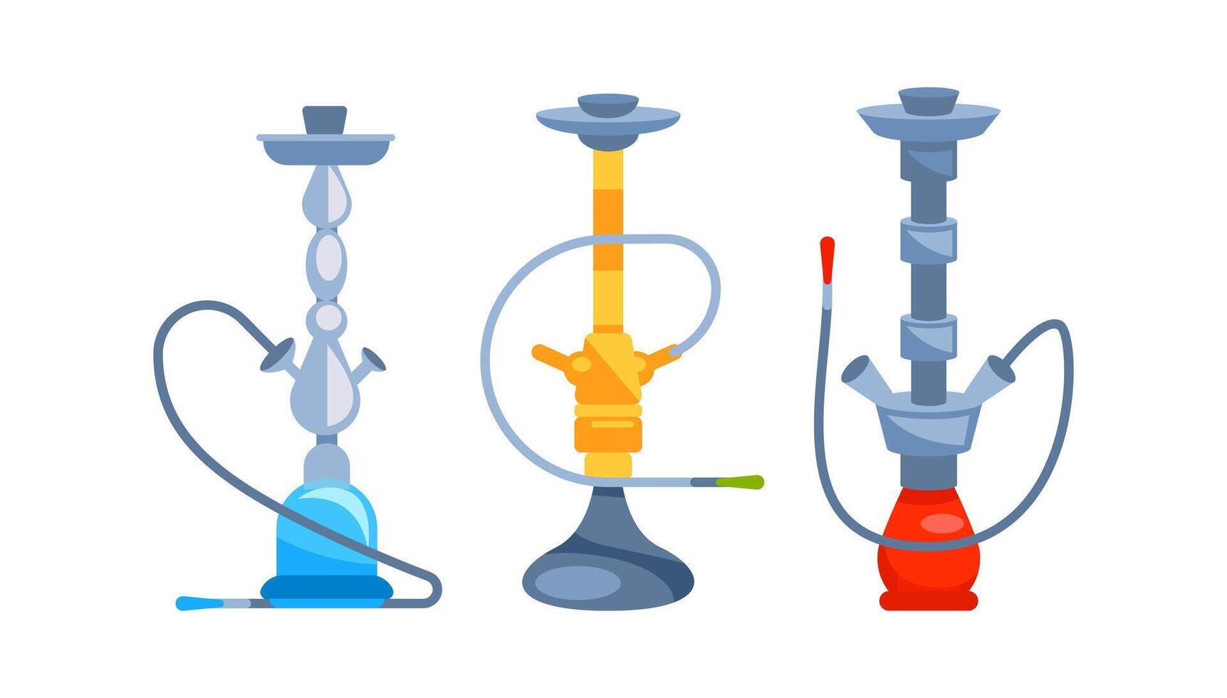 Hookahs standing on white background with colorful pipes and hoses vector