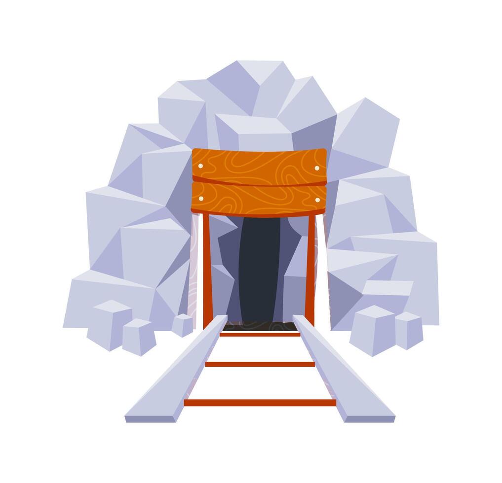 Mine entrance with wooden sign and rails leading into dark tunnel vector