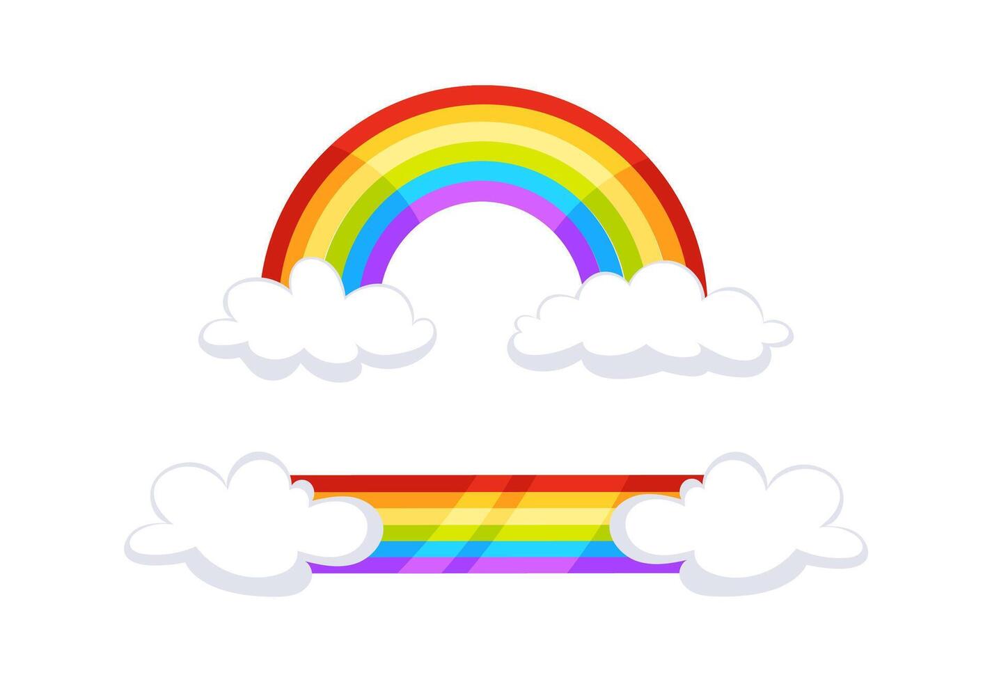 Colorful rainbow arching over white clouds on transparent background vector