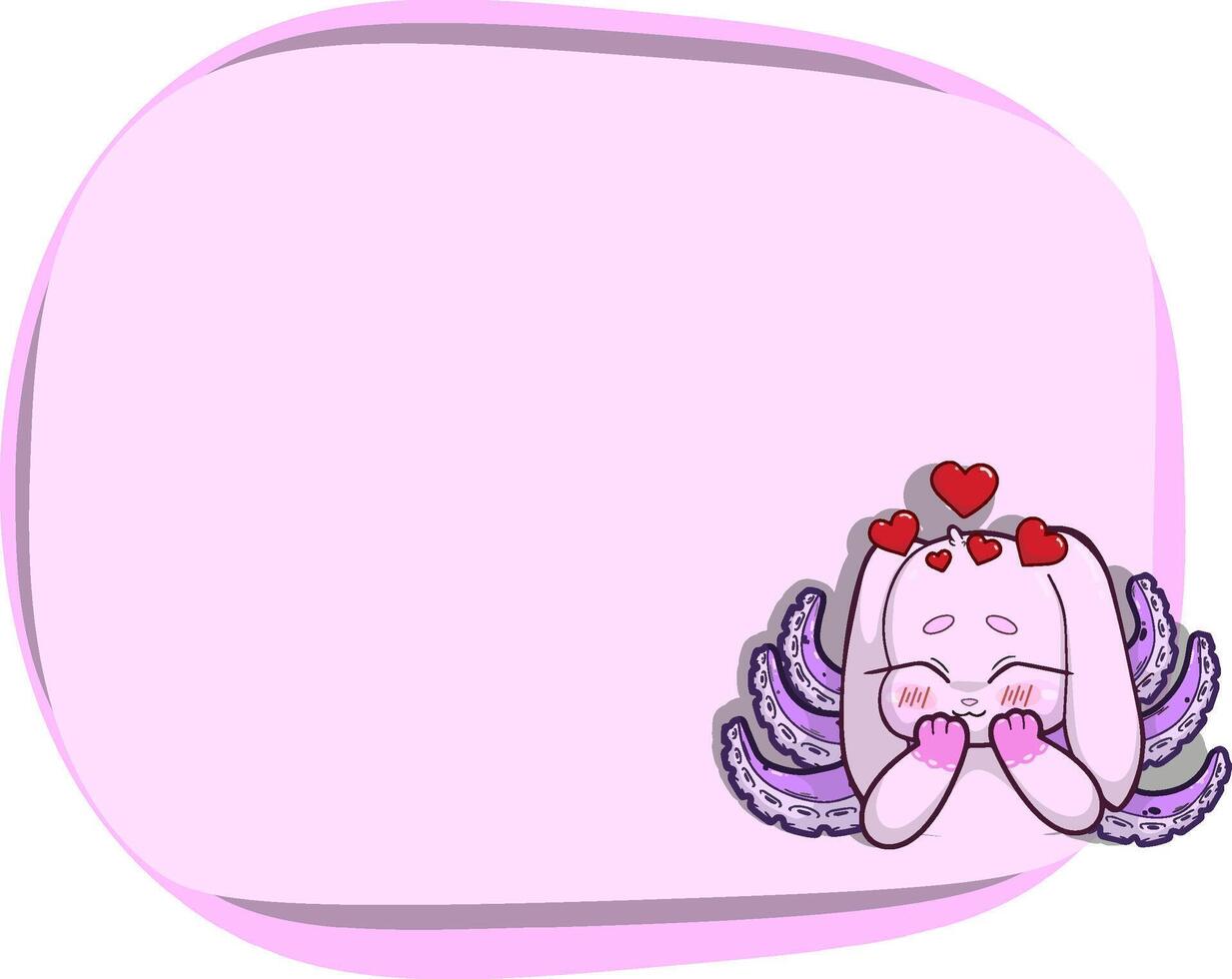 Pastel pink text frame with a cute, loving bunny featuring tentacles growing from its back. Whimsical and surreal design. vector