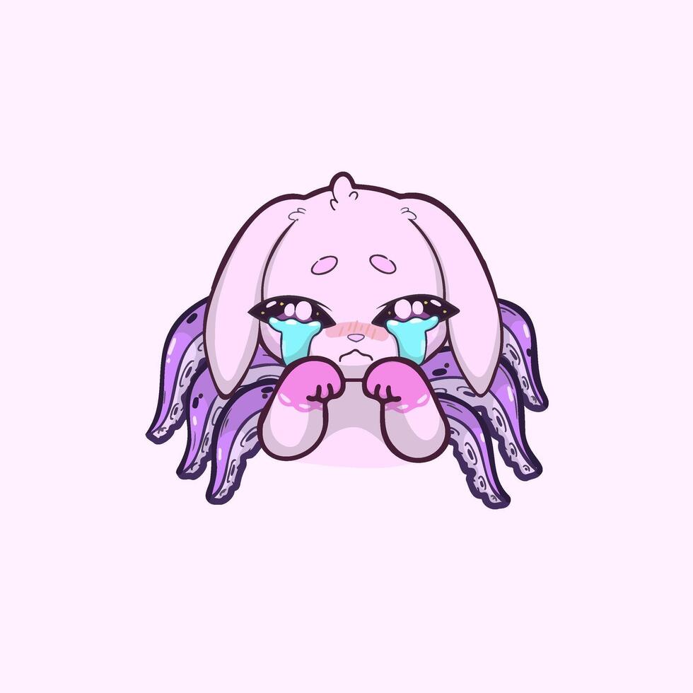 Cute crying bunny-octopus hybrid character with big teary eyes, pastel colors, and expressive emotional pose. Adorable cartoon style illustration with soft shading and clean lines. vector