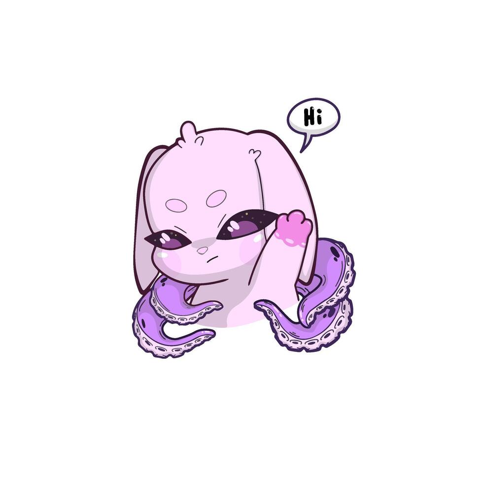 A surreal pink bunny with octopus tentacles instead of ears, raising one tentacle in a friendly greeting gesture. The character stands against a neutral background, blending whimsical charm vector