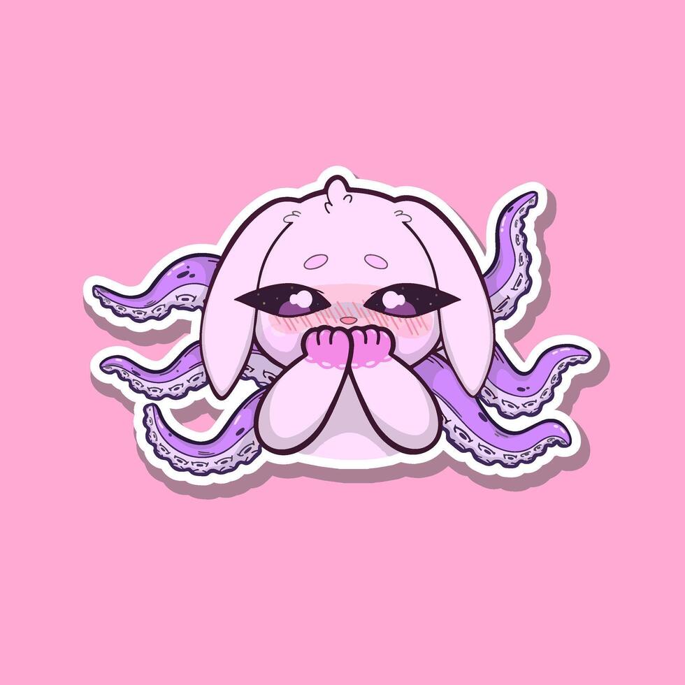 A surreal sticker. Pink bunny with octopus tentacles, showing an intensely embarrassed expression. The characters body language and facial features convey awkwardness vector