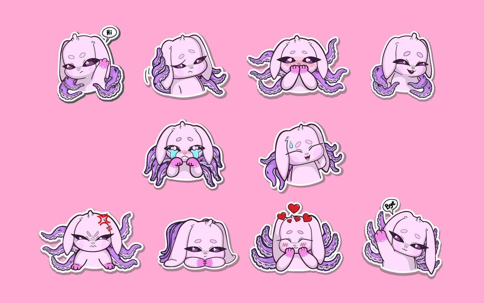 A set of ten stickers featuring a pink bunny with octopus tentacles growing from its back, each expressing a different emotion or gesture vector