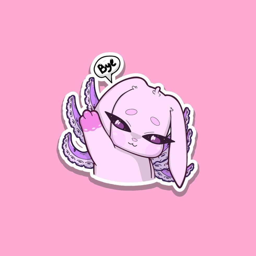 Cute sticker. Bunny-octopus hybrid character waving goodbye with a sweet expression. Adorable cartoon style illustration with pastel colors, soft shading, and clean lines vector