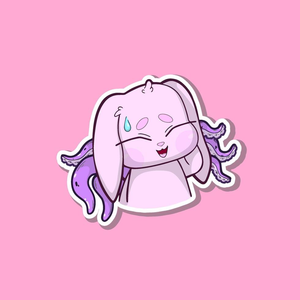 Cute sticker. Bunny-octopus hybrid character with an awkward, nervous smile and a slightly embarrassed expression. Adorable cartoon style illustration in pastel colors, featuring soft shading vector