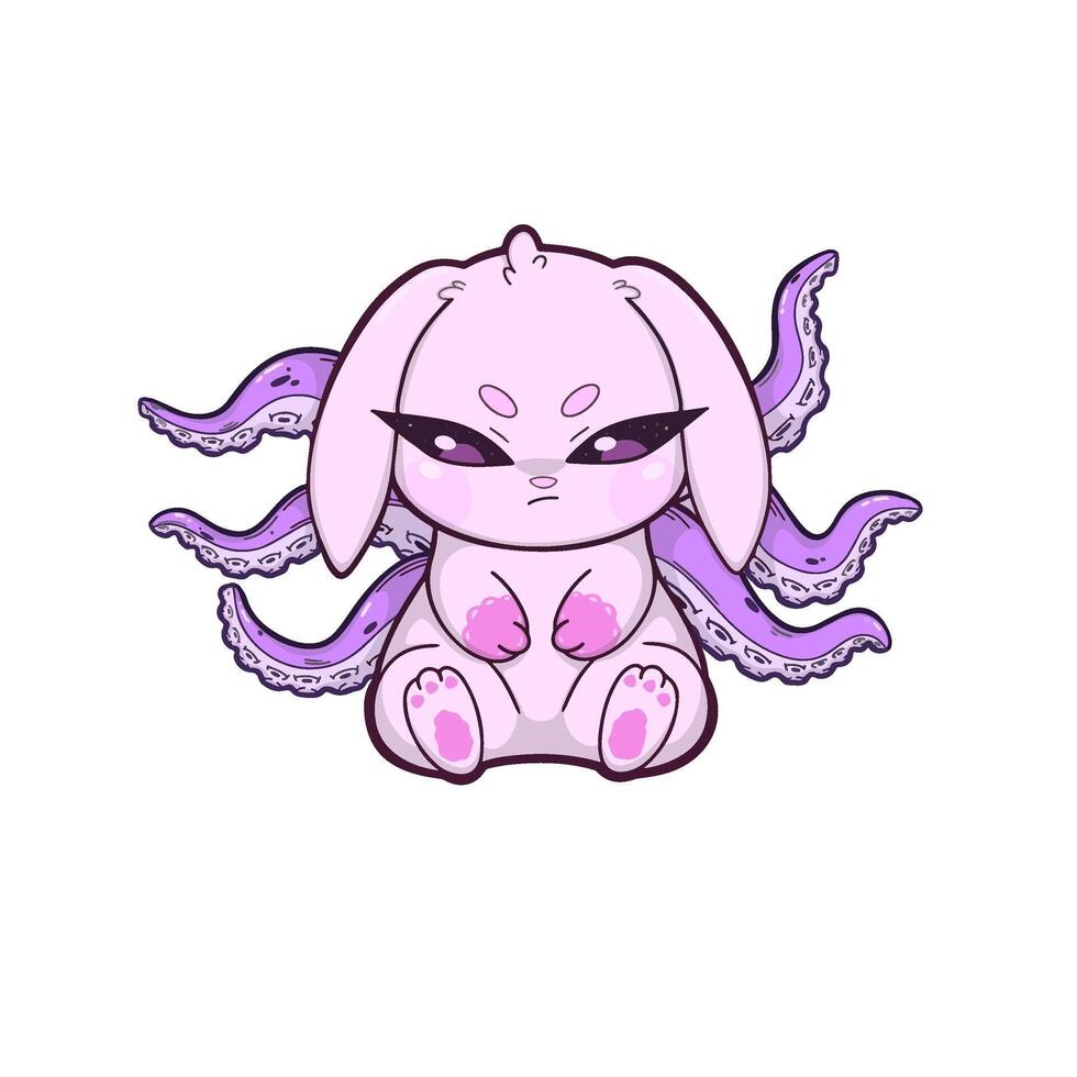 A pink bunny with octopus tentacles growing from its back, standing against a neutral background. A surreal and whimsical character design. vector