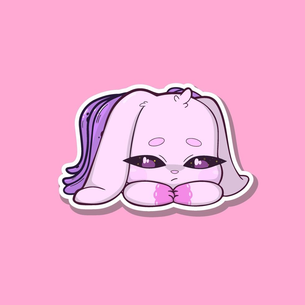 A surreal sticker. Pink bunny with octopus tentacles, displaying a sad and downcast expression. The character stands against a plain, neutral background, combining cute and eerie elements vector