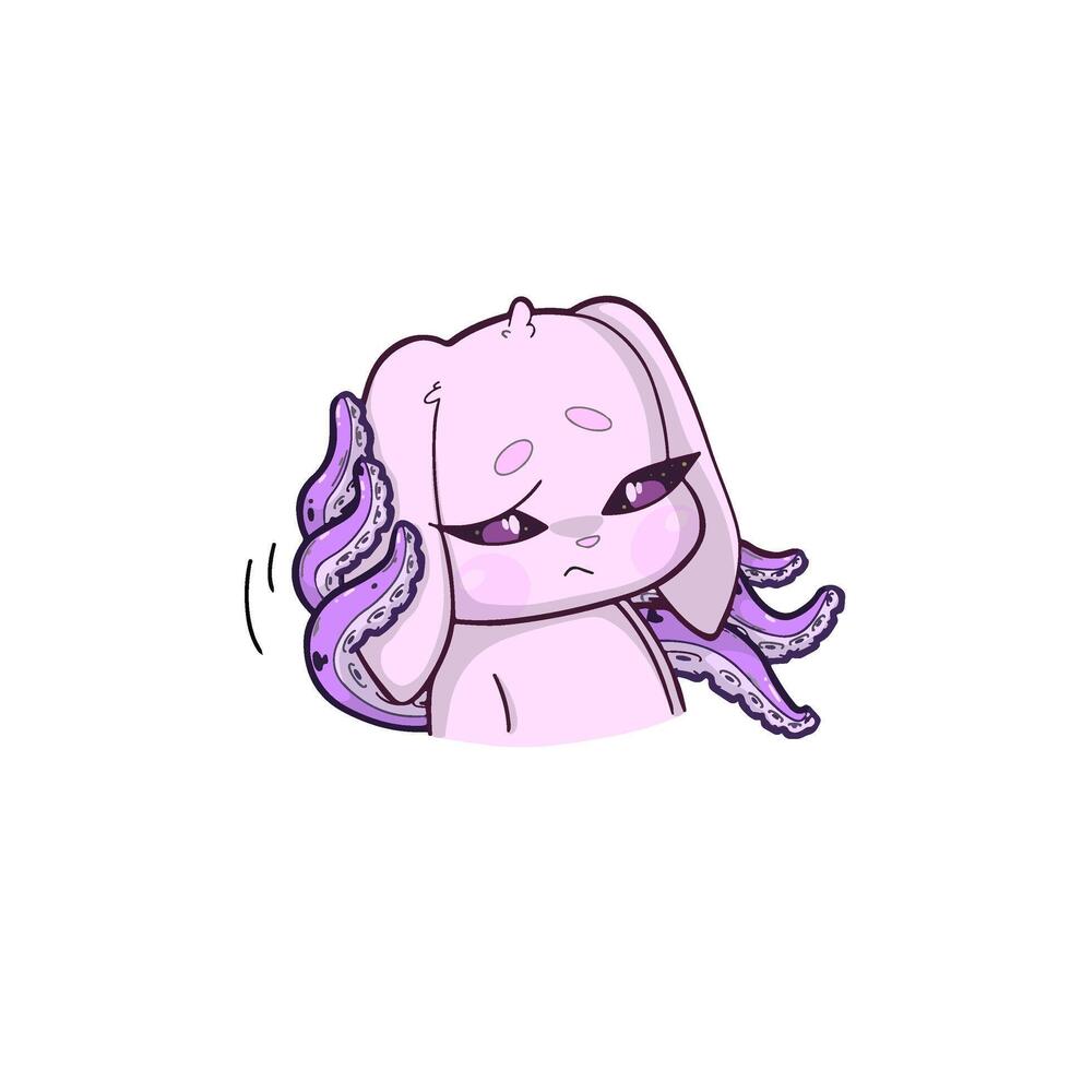 A surreal pink bunny with octopus tentacles, wearing a skeptical or confused expression. The character stands against a neutral background, blending cute and bizarre elements vector