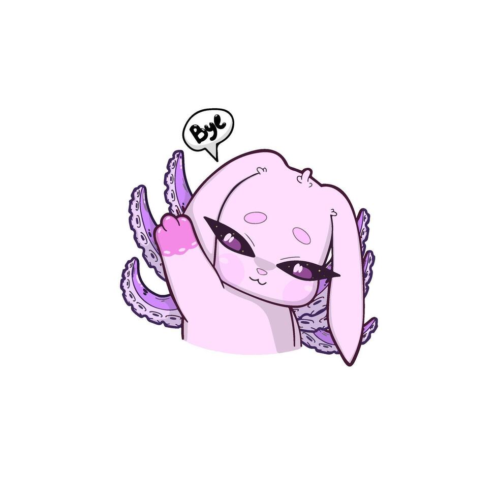 Cute bunny-octopus hybrid character waving goodbye with a sweet expression. Adorable cartoon style illustration with pastel colors, soft shading, and clean lines, isolated on a light background vector