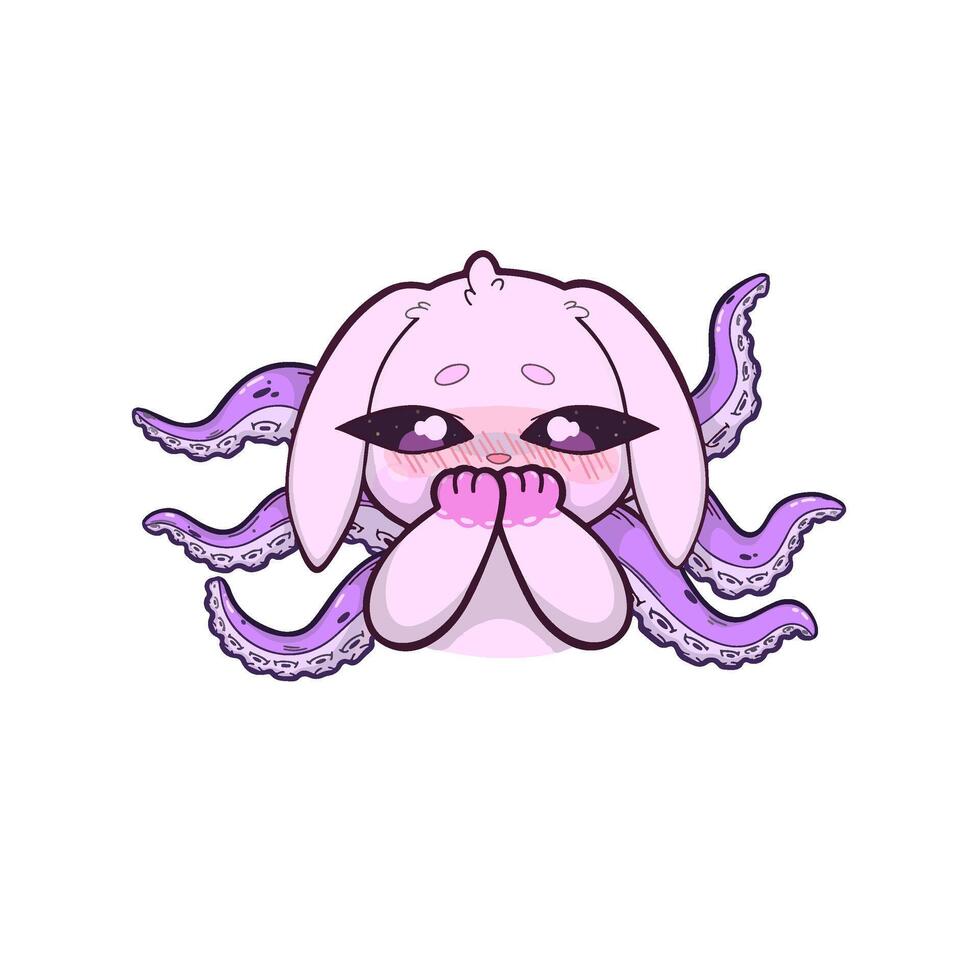 A surreal pink bunny with octopus tentacles, showing an intensely embarrassed expression. The characters body language and facial features convey awkwardness and discomfort, set against a plain. vector