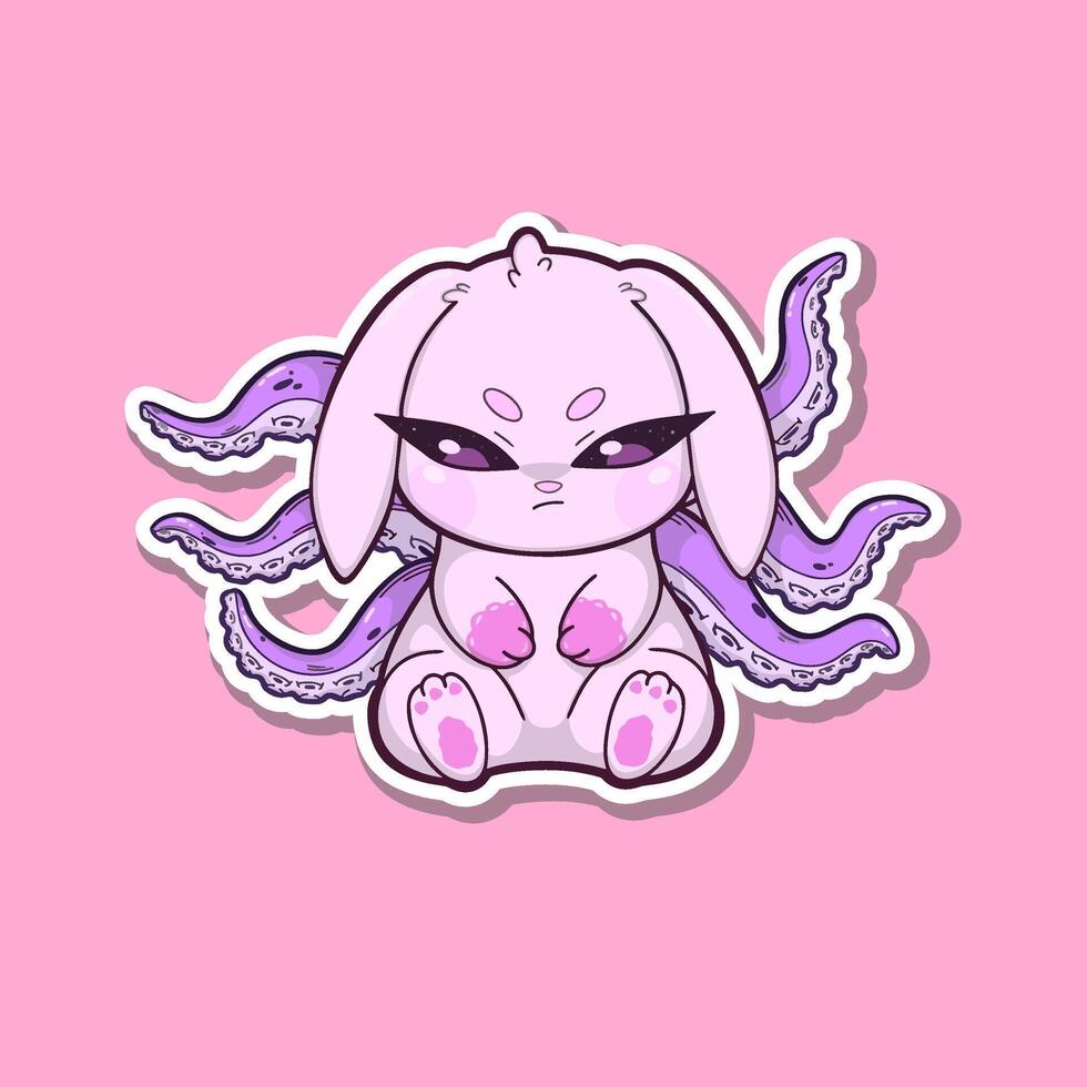 A sticker. Pink bunny with octopus tentacles growing from its back, standing against a neutral background. A surreal and whimsical character design. vector