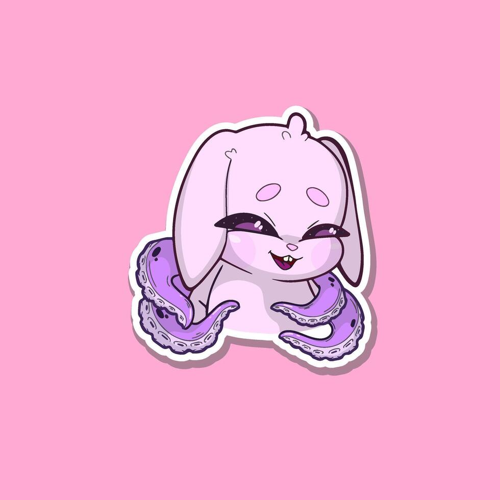 Cute sticker. Bunny-octopus hybrid character with a cheeky, mischievous smile and playful expression. Adorable cartoon style illustration featuring pastel colors, soft shading, and clean lines vector