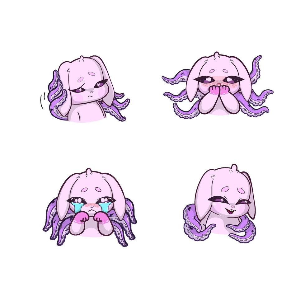 A set of four stickers. Pink bunny with octopus tentacles growing from its back, each displaying a different emotion. A whimsical and surreal character design. vector