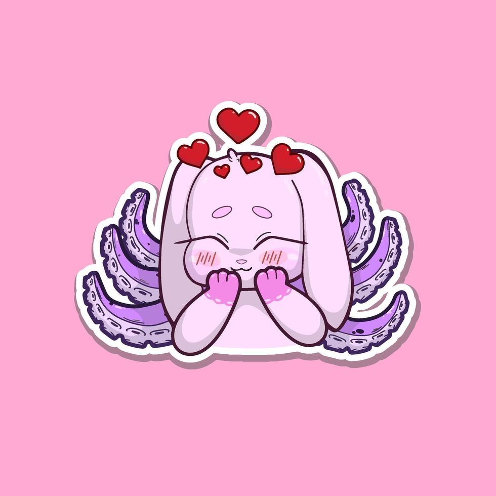 Cute sticker. Bunny-octopus hybrid character with a loving, affectionate expression and sparkling eyes vector