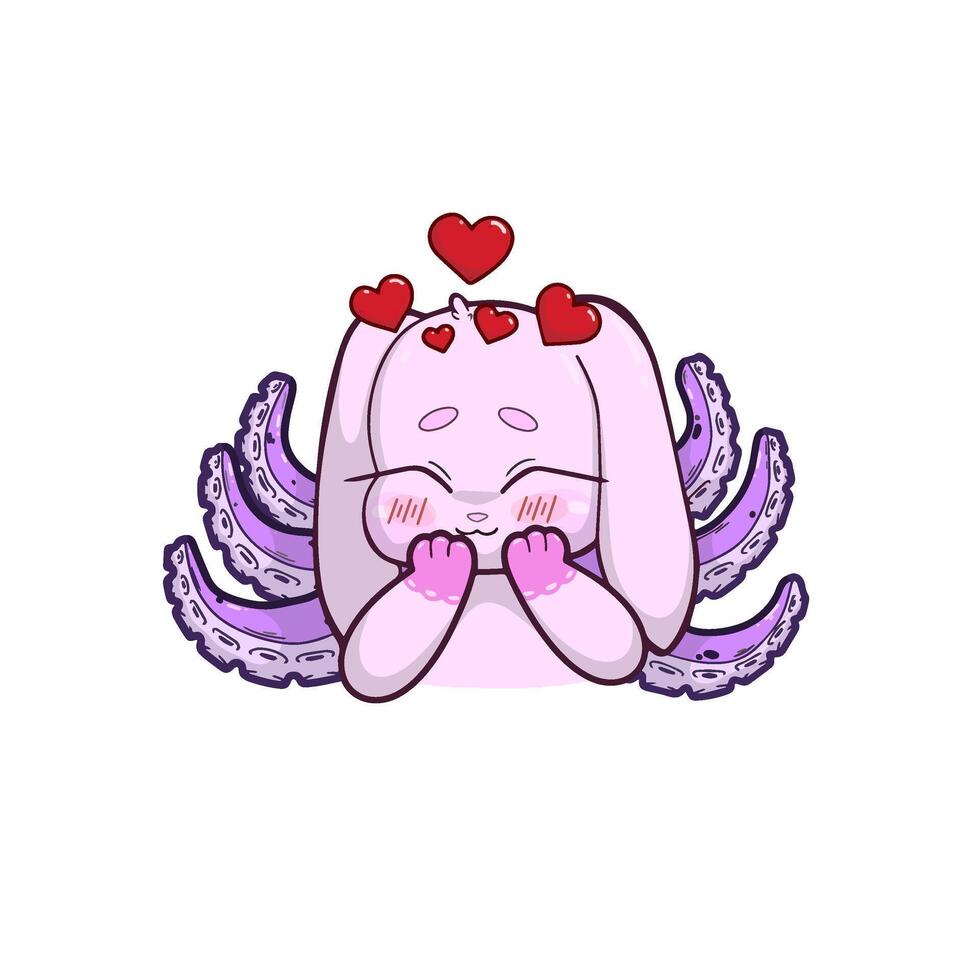 Cute bunny-octopus hybrid character with a loving, affectionate expression and sparkling eyes. Adorable cartoon style illustration in pastel colors, featuring soft shading and clean lines. vector