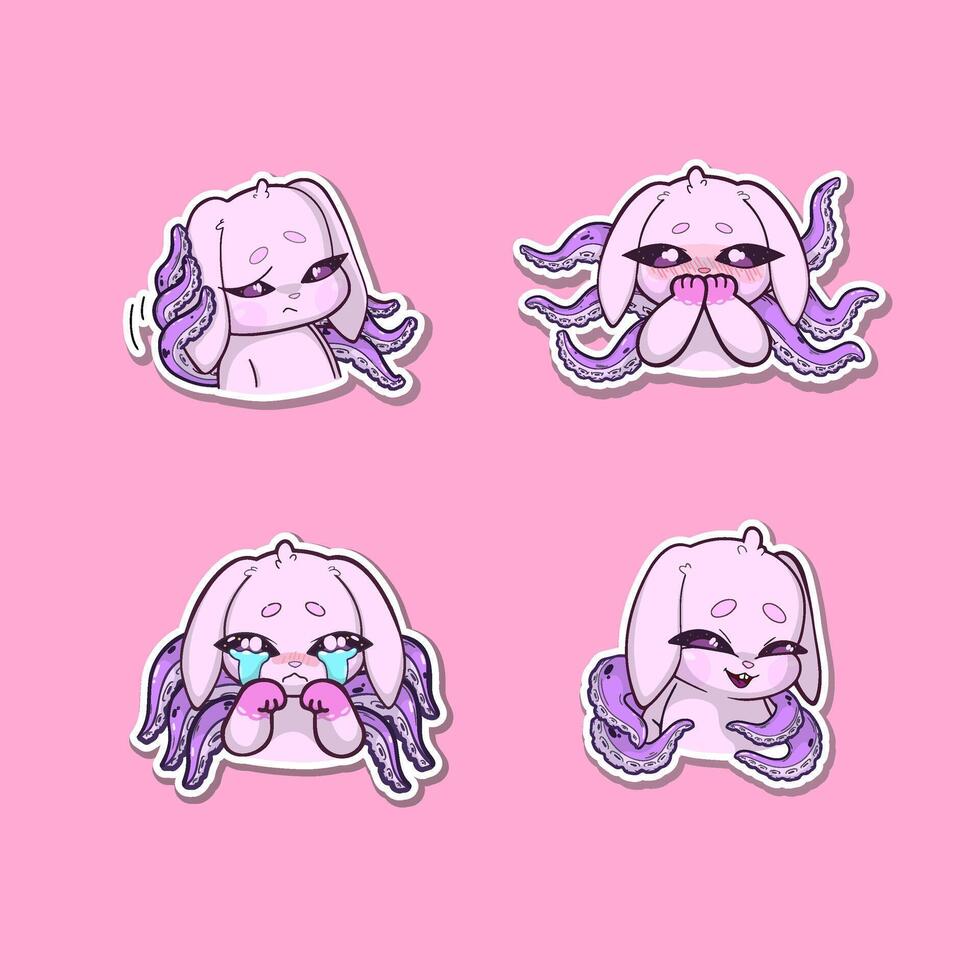 A set of four stickers featuring a pink bunny with octopus tentacles growing from its back, each displaying a different emotion vector