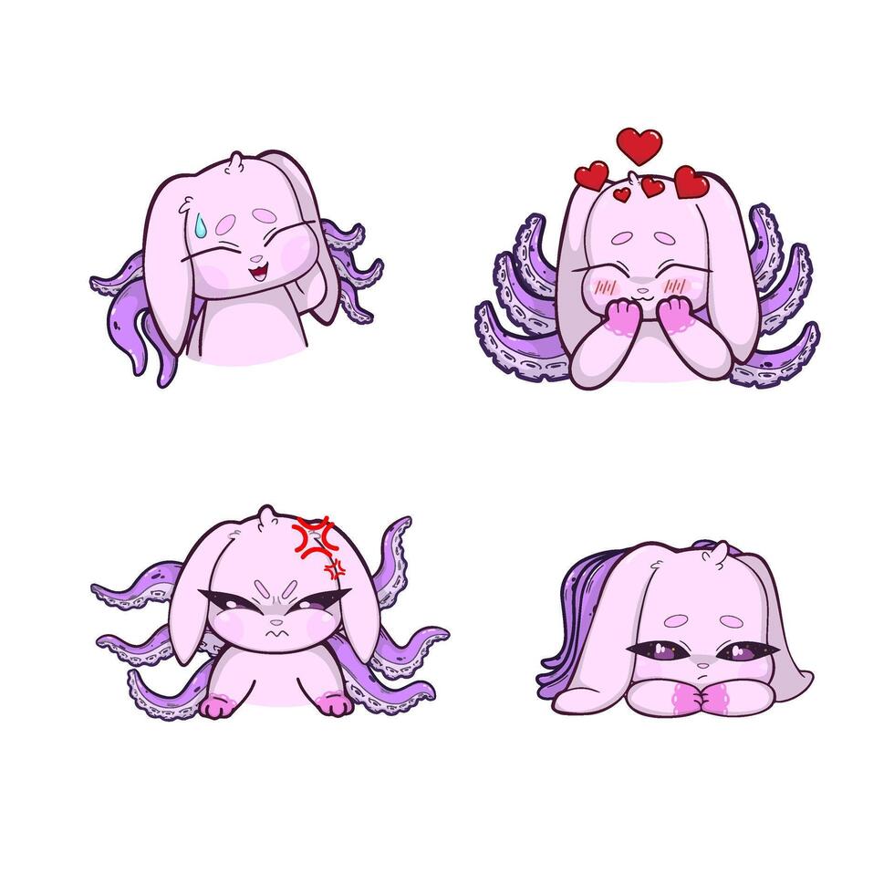 A set of four pink bunny with octopus tentacles growing from its back, each displaying a different emotion. vector