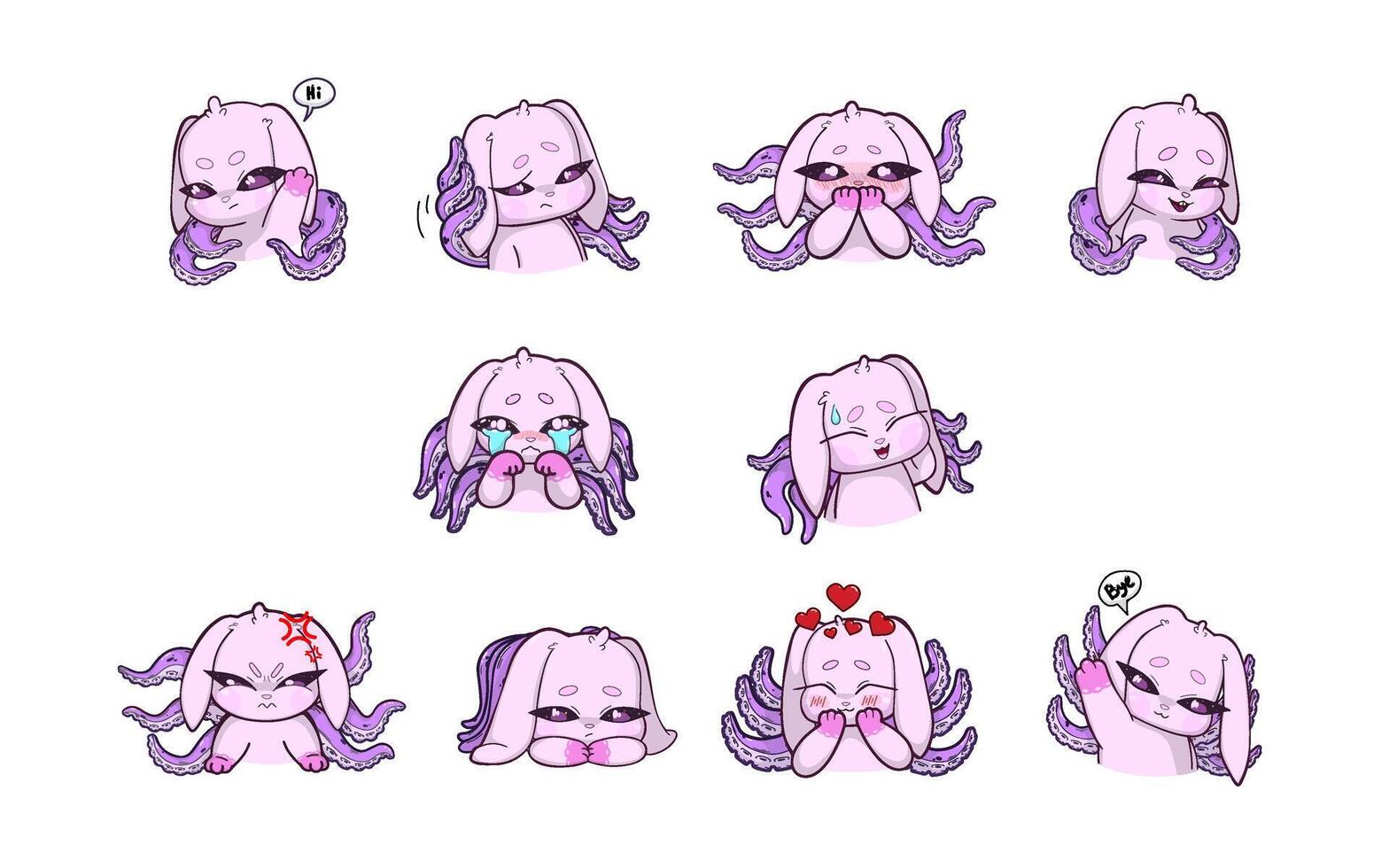 A set of ten pink bunny with octopus tentacles growing from its back, each expressing a different emotion or gesture vector