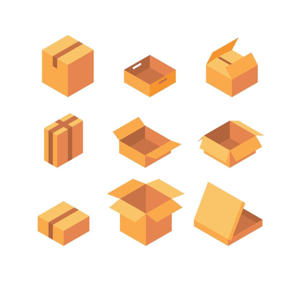 Set of nine isometric cardboard boxes representing packaging for shipping and storing goods vector