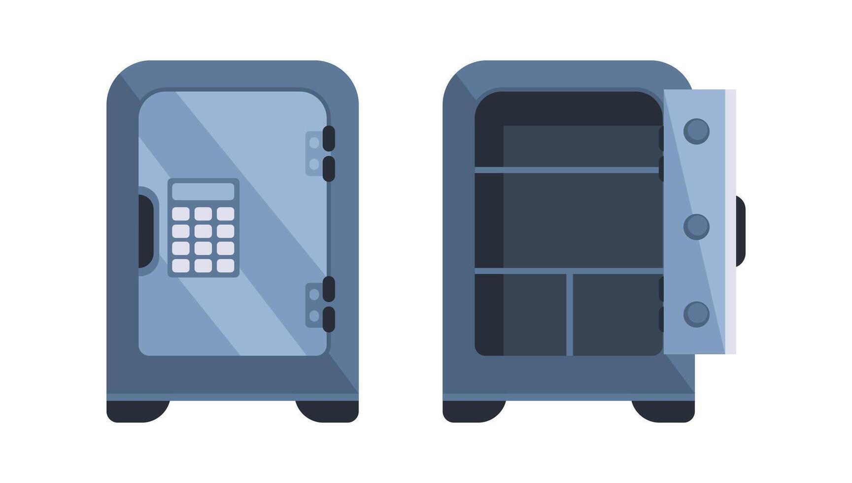 Closed and Opened Metal Safe Box with Empty Shelves and Electronic Lock vector