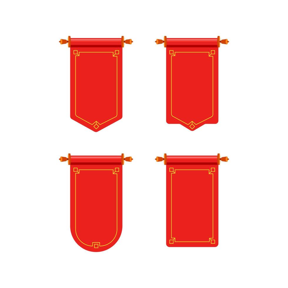 Four red royal scrolls hanging with golden decorations vector