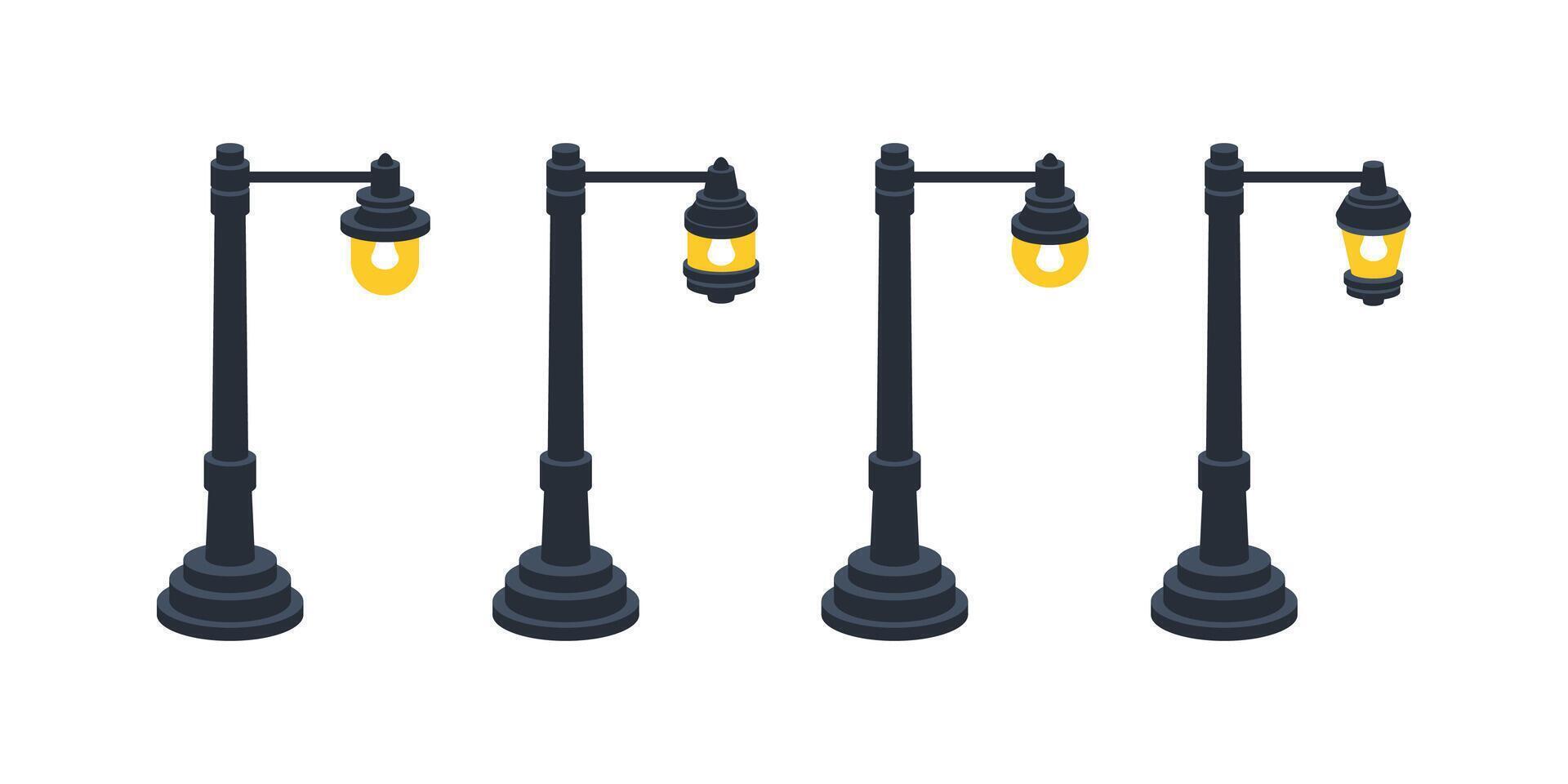 Four vintage street lamps illuminating urban spaces with warm yellow light vector