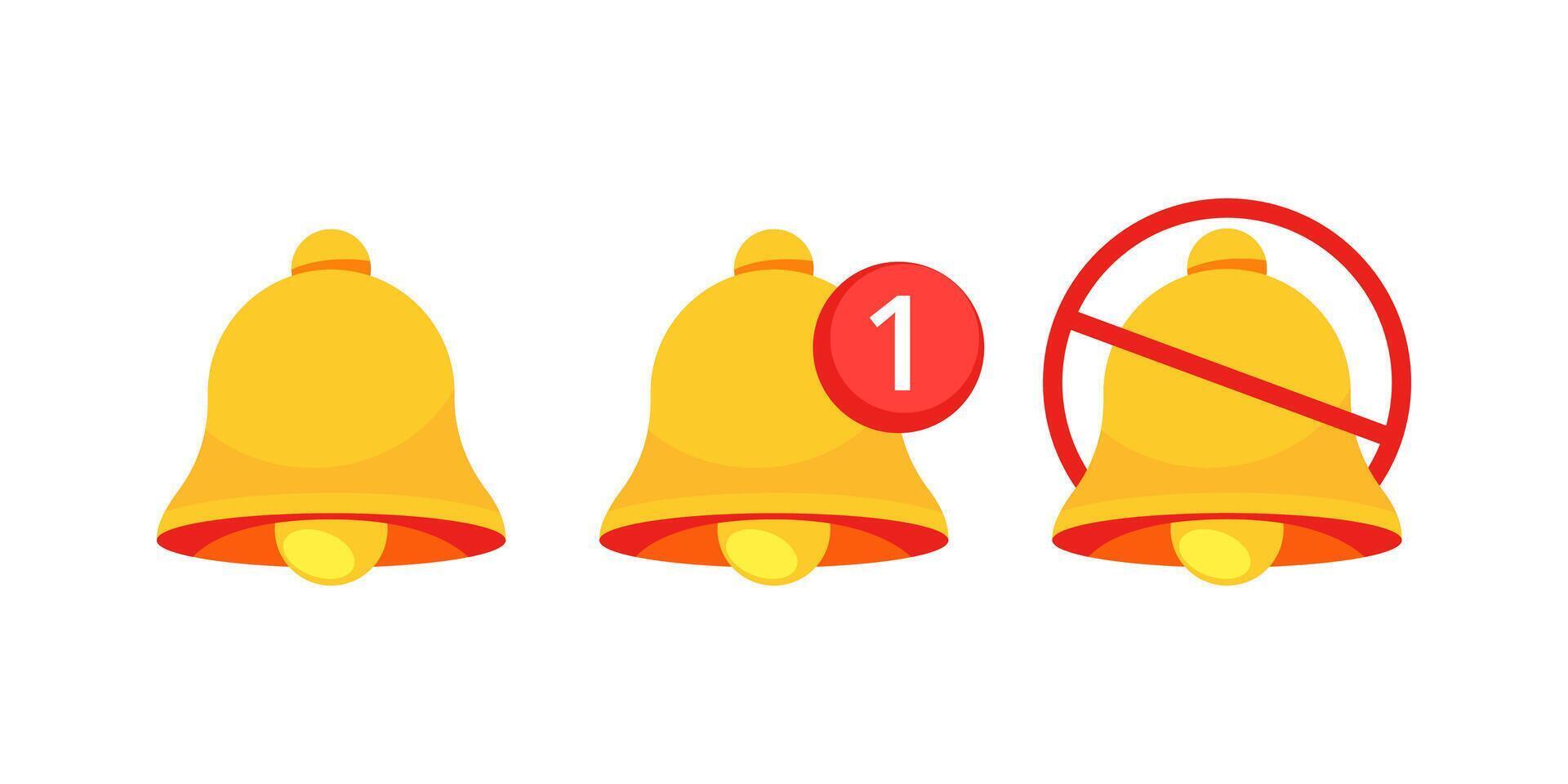 Notification bells showing different status, inactive, active with one notification, and silenced vector