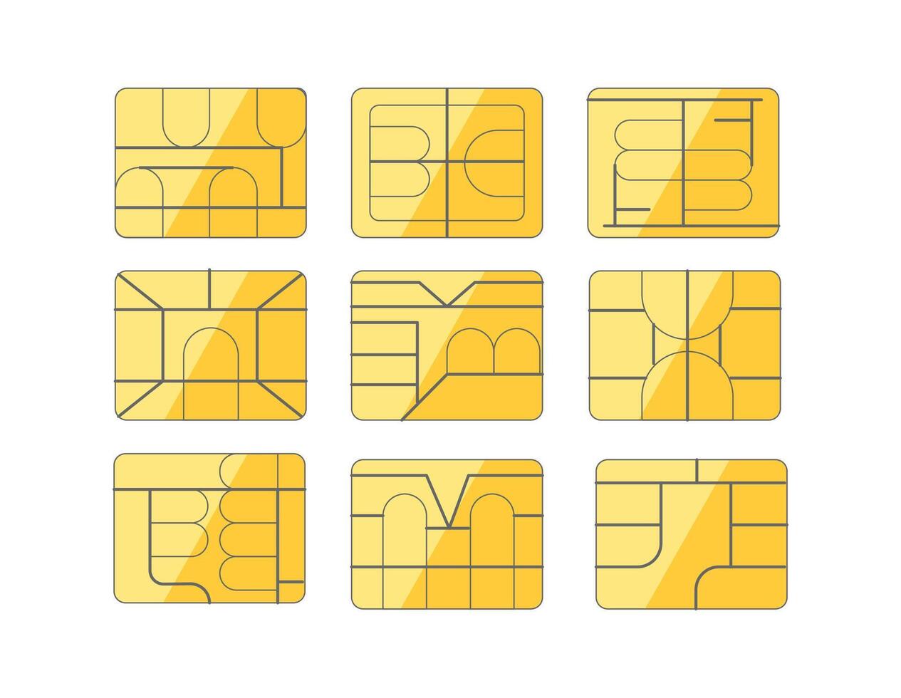 Sim card chips showing different integrated circuit patterns for mobile phone vector