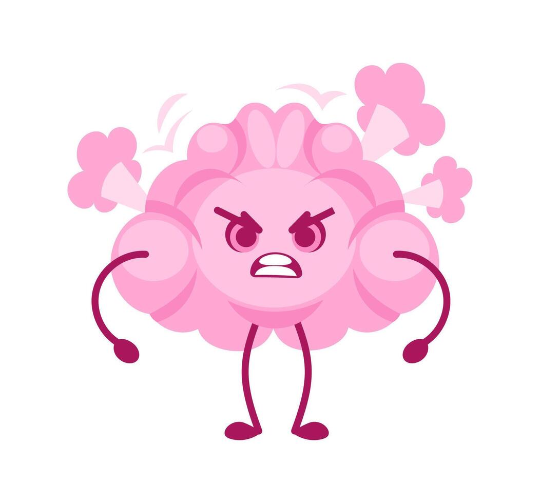 Angry pink brain emitting steam from ears and flexing arms vector