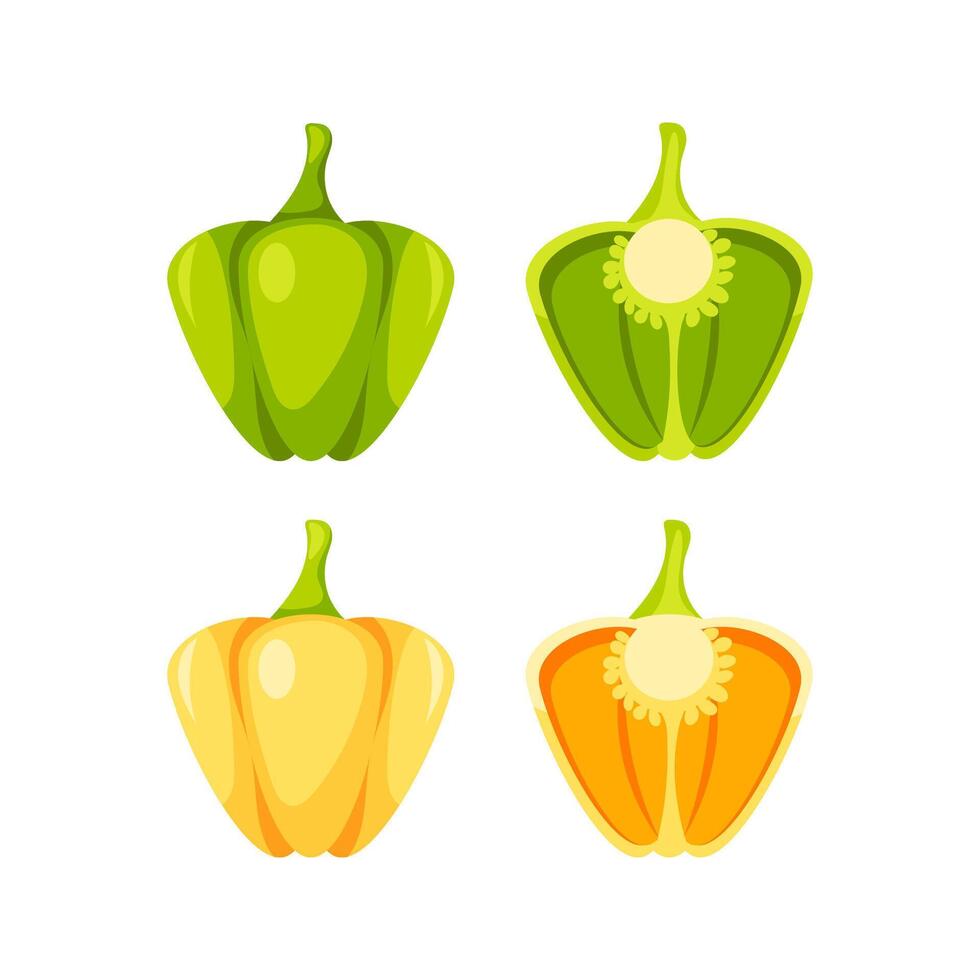 Green and Yellow Bell Peppers, Whole and Halved, Showing Seeds and Stems vector