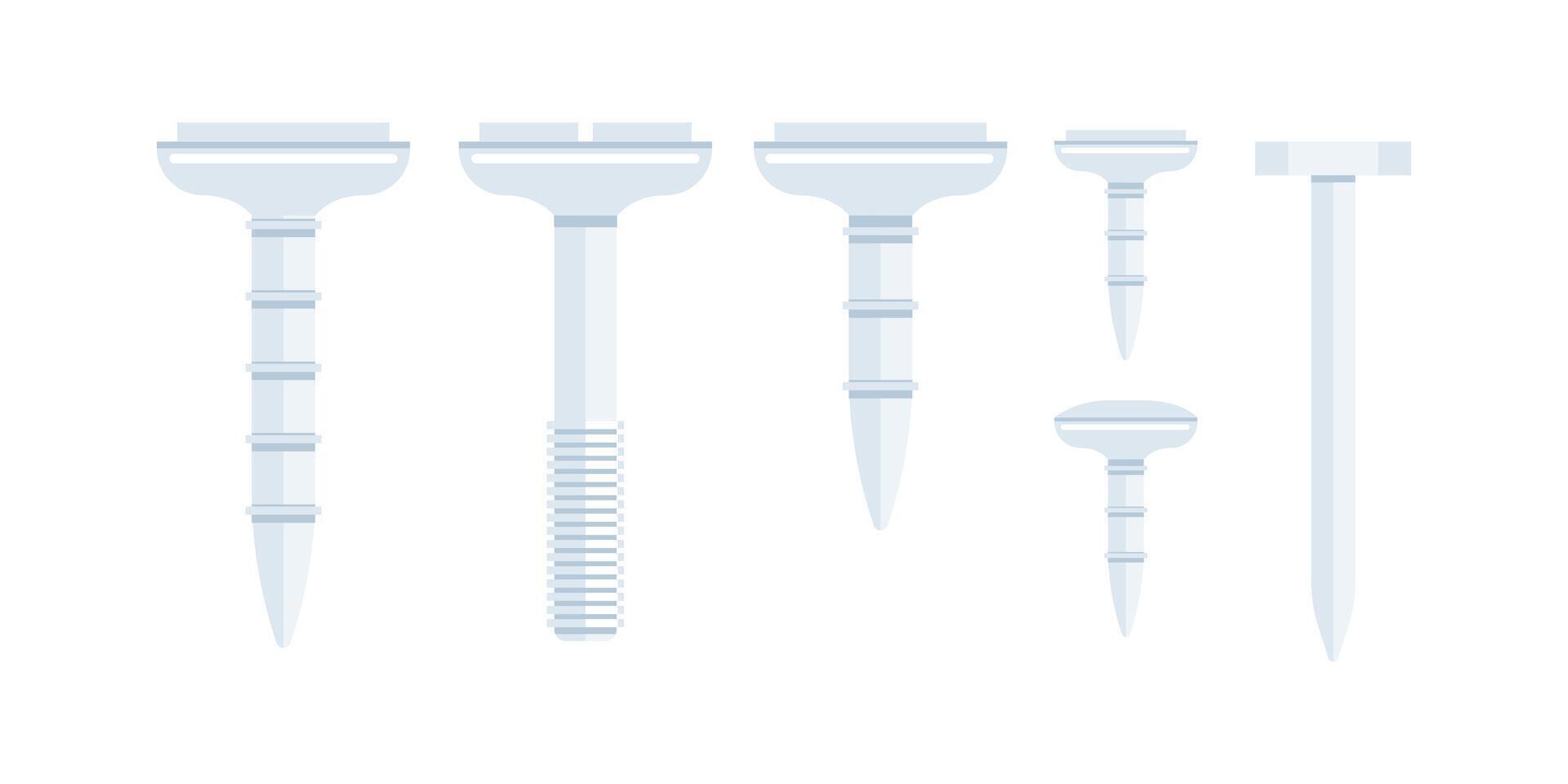 Set of screws and nails showing different heads and threads for construction and carpentry projects vector