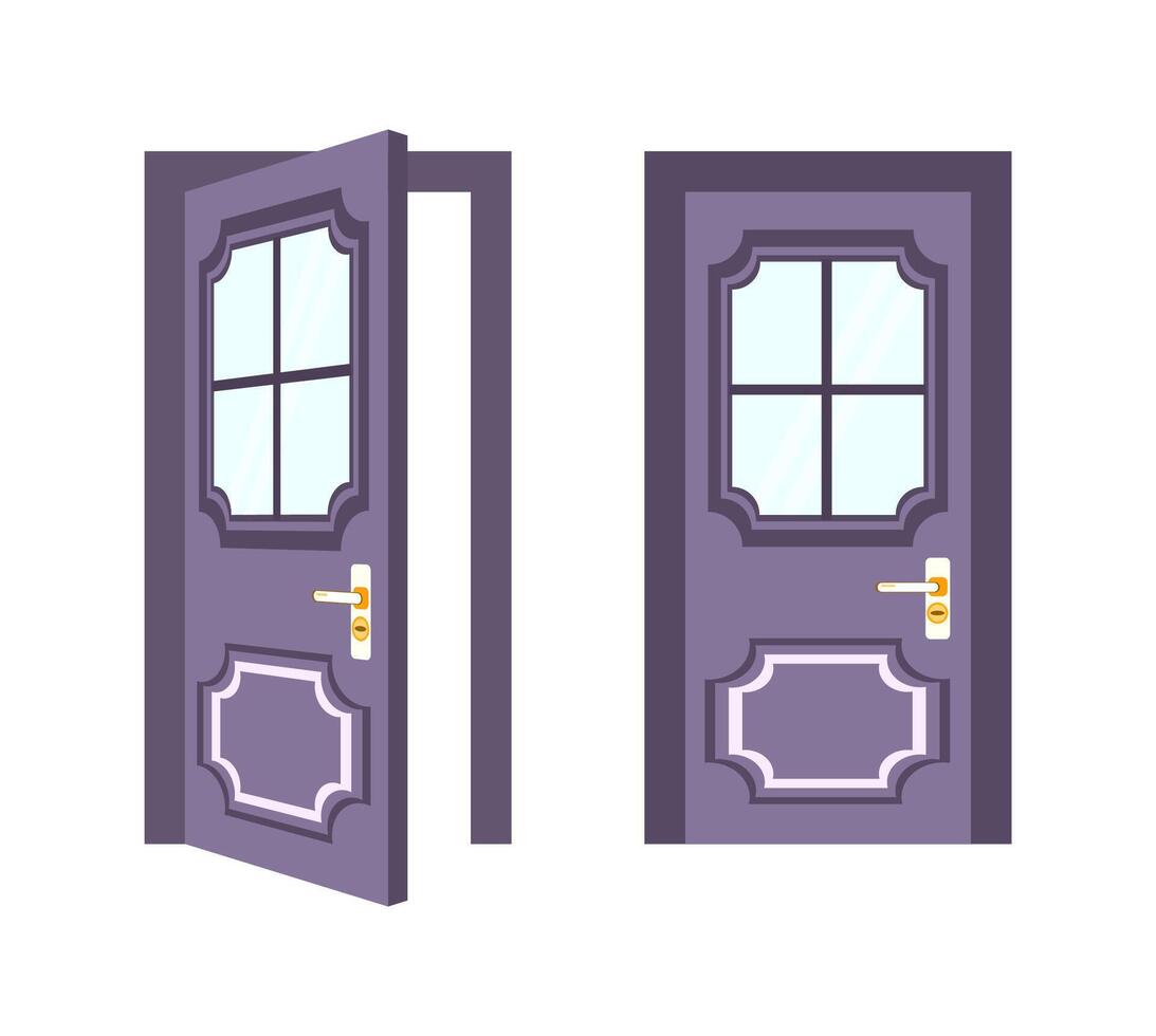 Purple door opening, showing an empty doorway, entry or exit, closed door version included vector