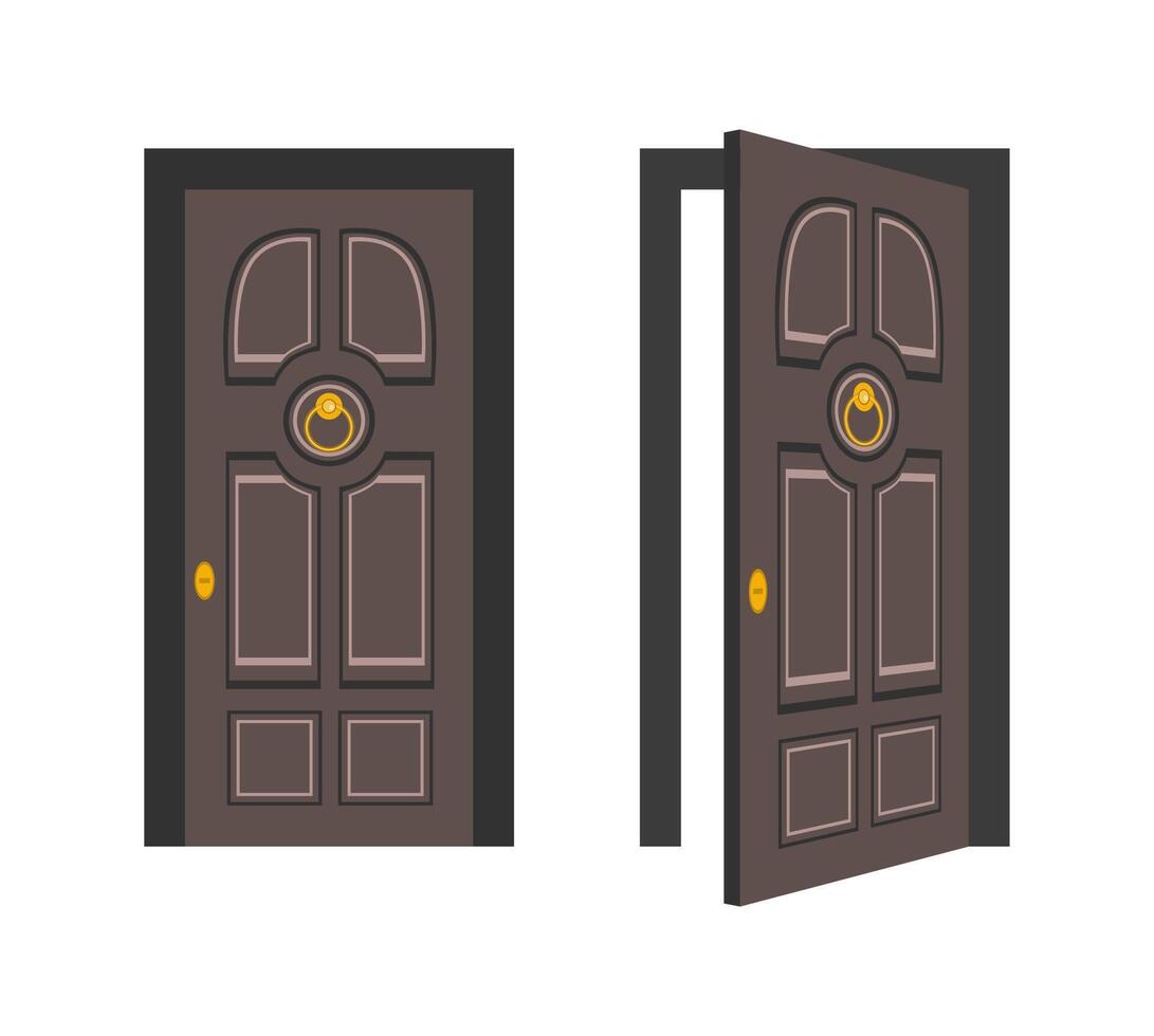 Classic brown wooden door, closed and open position vector