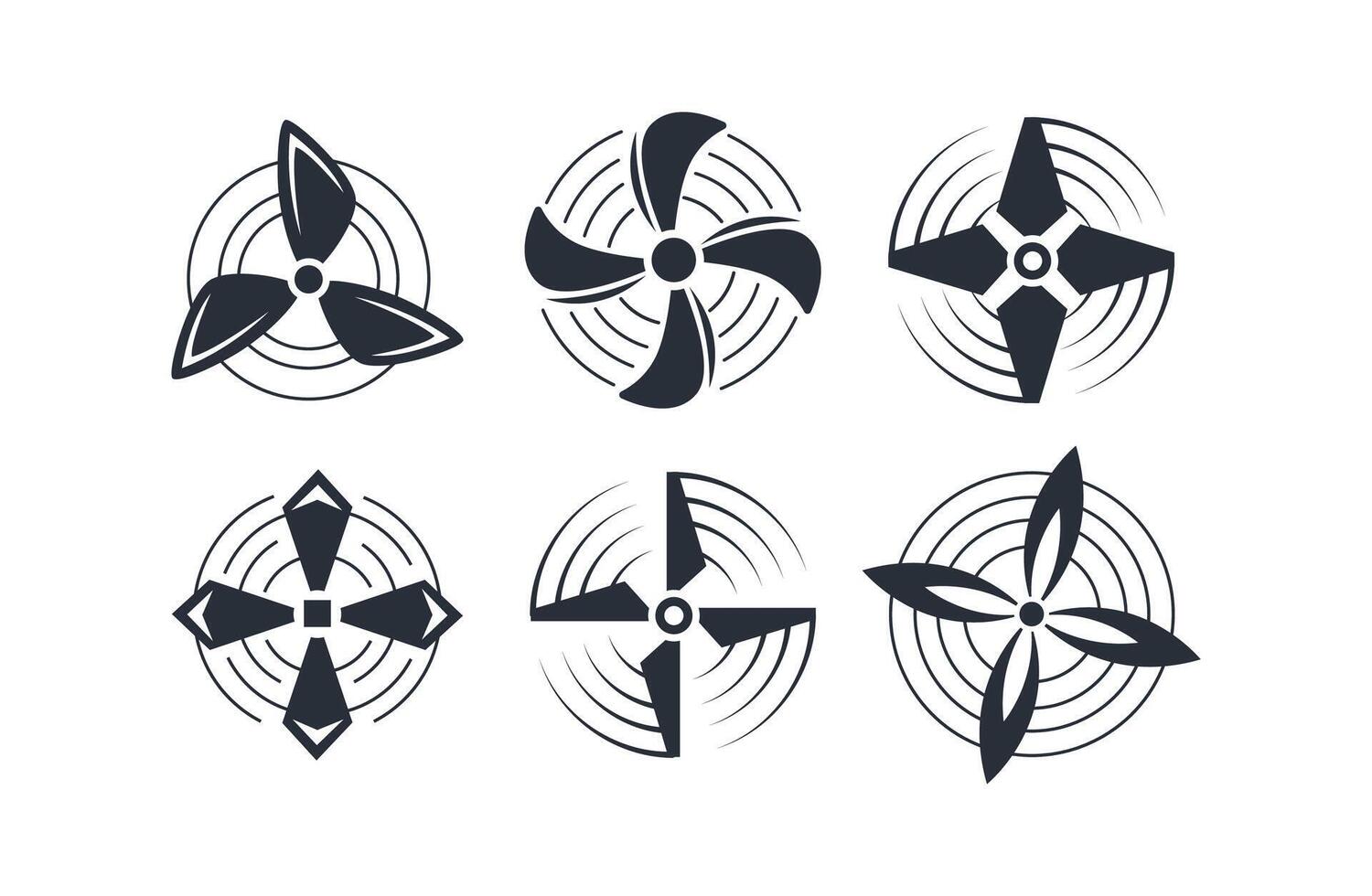 Six black stylized propellers rotating and creating circular waves vector
