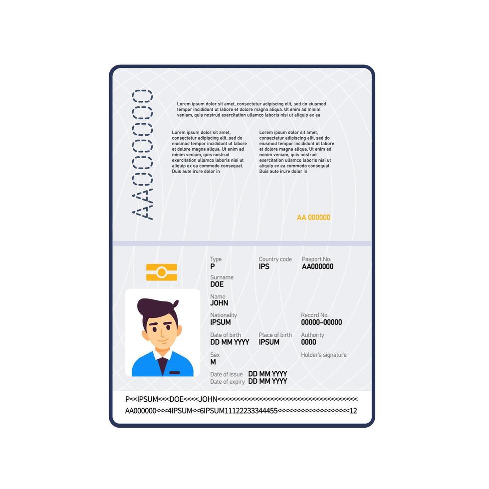 Open passport with personal information and photo of John Doe, identification document for international travel vector