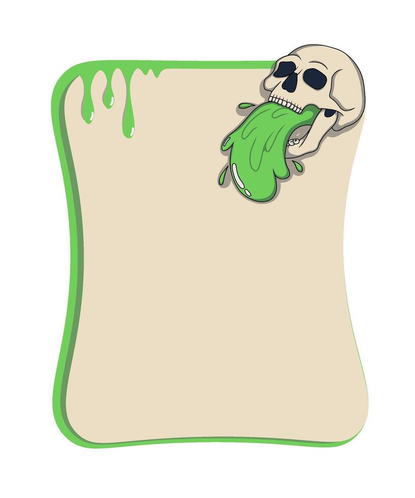 Green and beige text frame with a skull vomiting bright green slime. Grungy and surreal design. vector