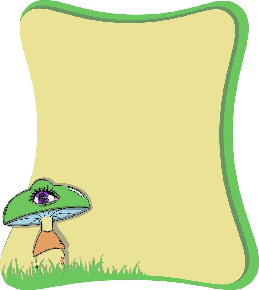 Green and beige text frame featuring a whimsical mushroom with an embedded eye. Surreal and organic design. vector