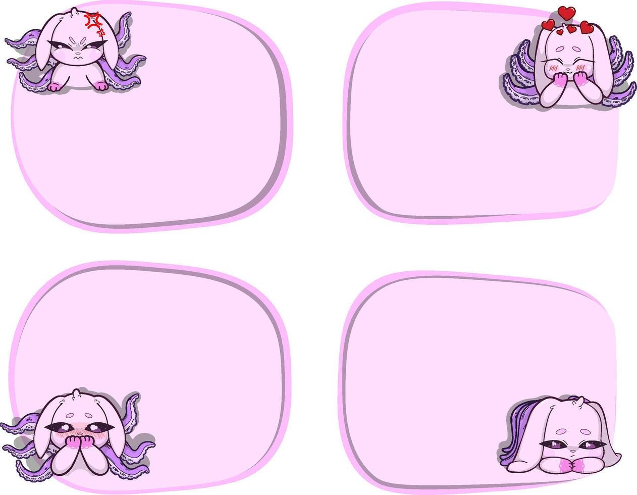 Set of pastel pink text frames featuring a sly bunny with tentacles growing from its back. Whimsical and surreal style. vector