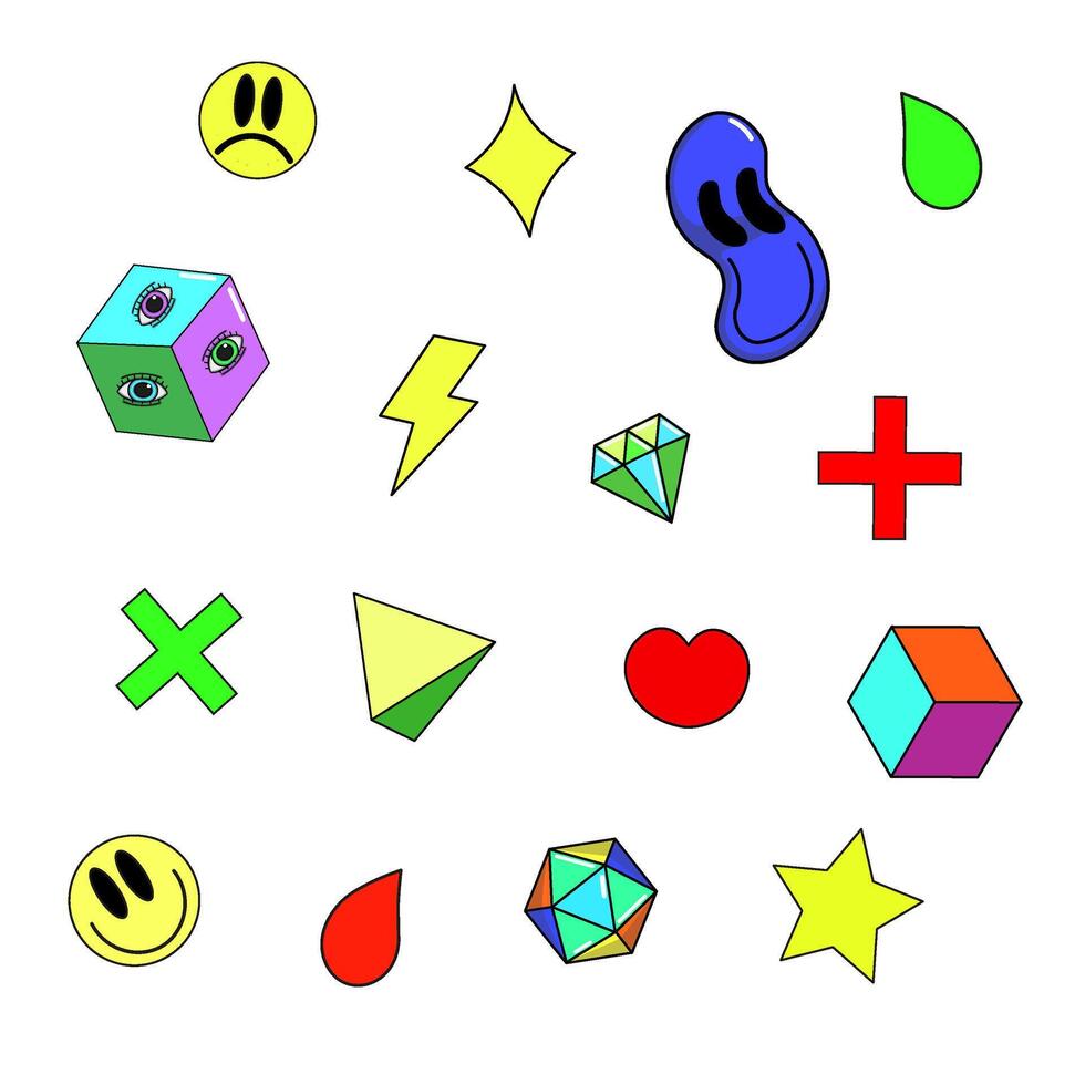 Set of colorful abstract icons and symbols. Collection includes geometric shapes, emotive faces, 3D cubes, gems, drops, stars, and lightning bolts. Modern cartoon-style illustrations vector