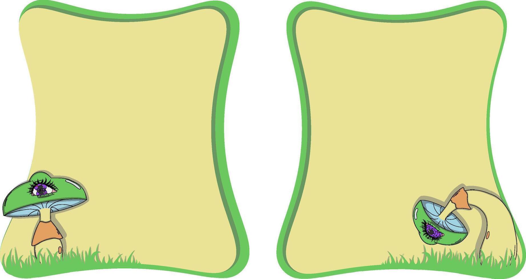 Two green and beige text frames featuring a whimsical mushroom with an embedded eye. Surreal and organic design. vector