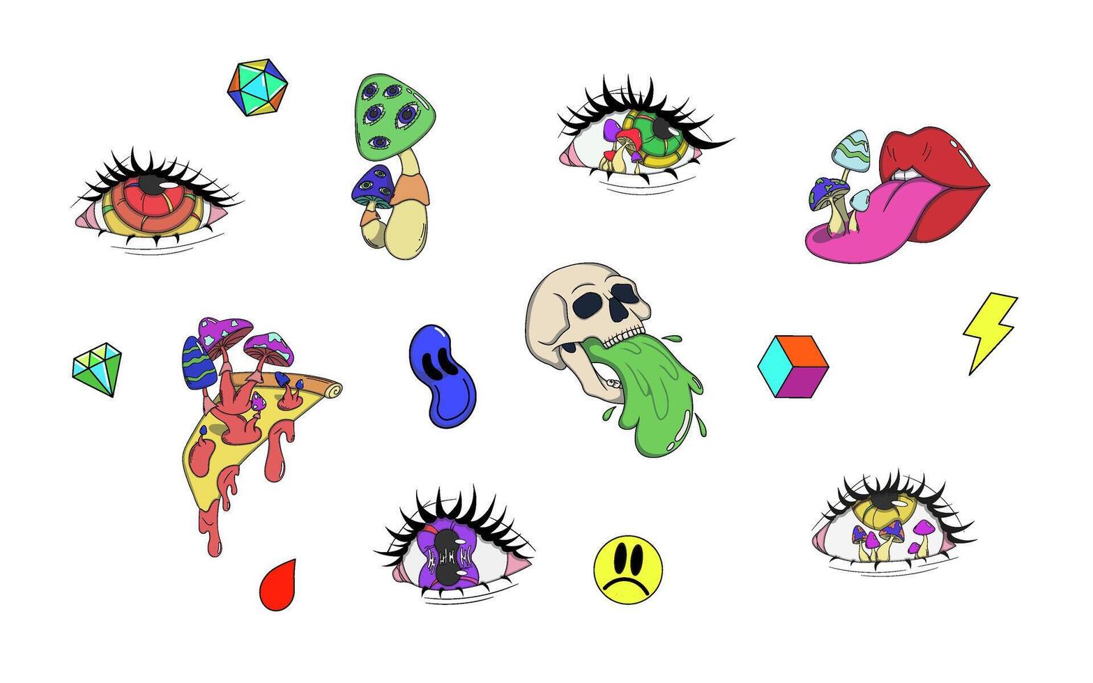 Set of psychedelic illustration, abstract icons and symbols. Collection of colorful eyes, skulls, 3D cubes, mushroom, lips. vector