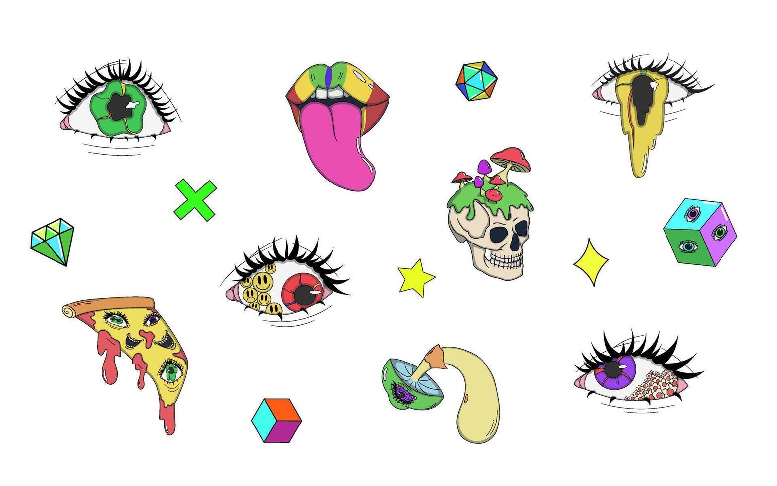 Set of psychedelic illustration, abstract icons and symbols. Collection of colorful eyes, skulls, 3D cubes, mushroom, lips. Modern cartoon-style illustrations vector